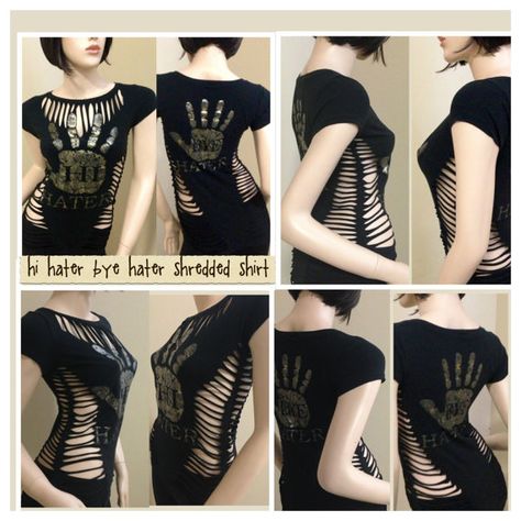 Reconstructed custom cut up shredded distressed slashed sexy punk goth rock shirt Cut Up T Shirt, Cut Shirt Designs, T Shirt Weaving, Diy Cut Shirts, Shirt Makeover, Cut Up Shirts, Mode Steampunk, Goth Rock, Diy Clothes Refashion