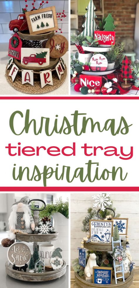 Christmas Teared Tray Decor, Two Teir Tray Christmas Decor, Two Tier Christmas Decor, 3 Tiered Tray Decor Christmas, Tired Tray Decor Christmas, Round Tiered Tray Decor, How To Make A 2 Tier Tray, Tiered Tray Decor Christmas Diy, Tier Trays Diy