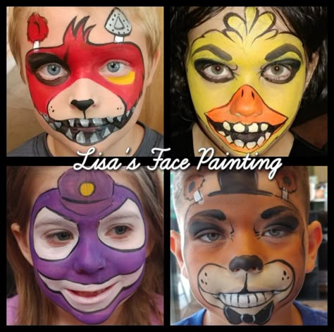 Five Nights at Freddy's Face Paint #fivenightsatfreddys #foxy #Freddy #purpleman #chica Five Nights At Freddy's Food Ideas, Five Nights At Freddy's Makeup, Fnaf Face Paint, Fortnite Face Paint, Bear Face Paint, Fnaf Birthday, Thomas The Train Birthday Party, Face Painting For Boys, Fnaf Cosplay