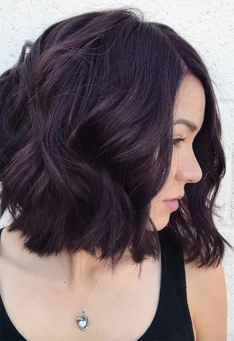 Black Purple Hair Short, Plum Hair Color Ideas, Plum Hair Dye, Eggplant Hair, Plum Hair Color, Hair Color Guide, Hair Color Plum, Dyed Tips, Dark Purple Hair