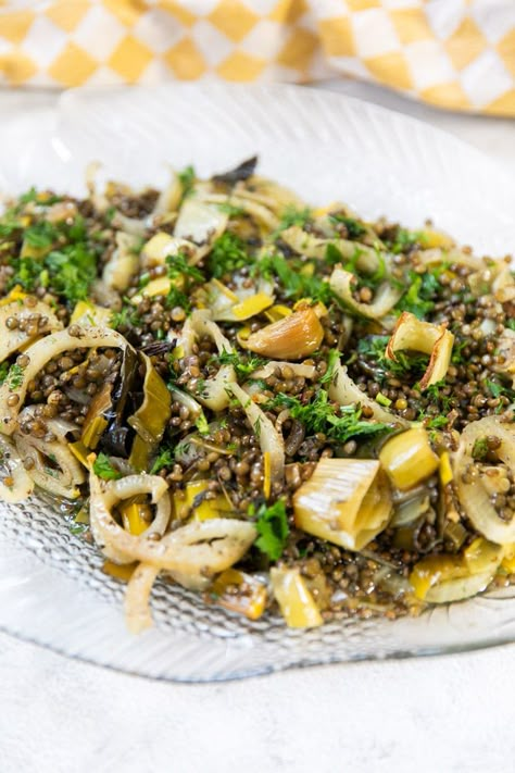 Leek, Fennel and Garlic Confit with Lentils du Puy, Parsley & Dill Leeks And Lentils, Leek Confit, Fennel And Leek Recipes, Fennel Recipe, Leek Salad, Roasted Leeks, Leek Recipes, Fennel Recipes, Tasty Vegetarian Recipes