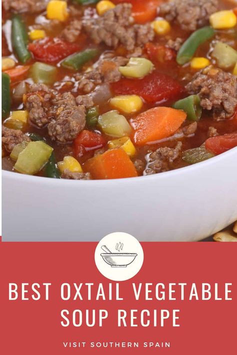 Are you ready to try our Simple Oxtail Vegetable Soup Recipe? Make sure you save this delicious Spanish oxtail soup made with all the best of ingredients. This is a oxtail soup with mixed vegetables that's perfect for when you want a complete dish that can be served both as dinner and lunch. Try the best oxtail vegetable soup recipe from Spain now. #oxtailvegetablesoup #spanishoxtailsoup #oxtailsouprecipe #oxtailandvegetablesoup Oxtail Vegetable Soup Recipe, Oxtail Soup Recipes Crockpot, Oxtail Soup Crockpot, Ox Tail Soup Recipe, Spanish Soups, Oxtail Soup Recipe, Cooking Oxtails, Oxtail Recipe, Soup With Vegetables