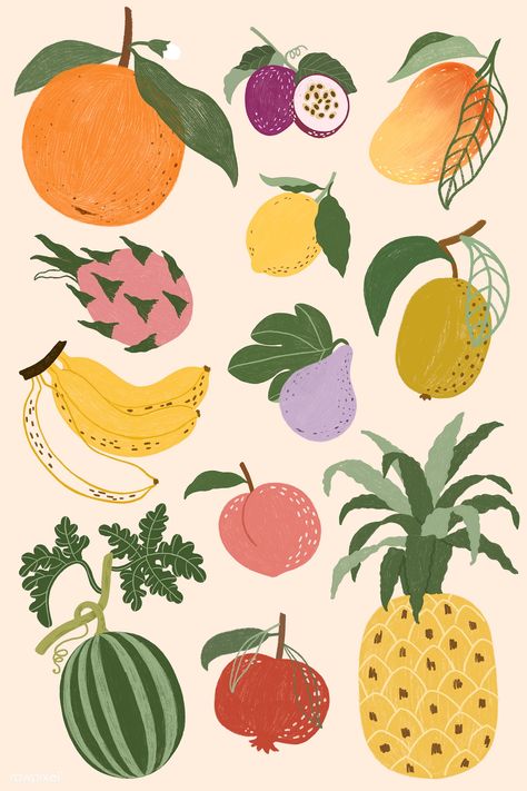 Hand drawn fruits design resource pack mockup | premium image by rawpixel.com / Noon Mango Vector, Fruit Doodle, Fruits Design, Cuadros Diy, Pineapple Wallpaper, Pomegranate Design, Fruit Cartoon, Fruits Drawing, Peach Wallpaper