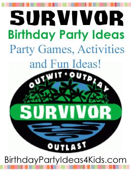 Survivor birthday party ideas, challenges, party games, food ideas, decorations and invitation ideas.  Great for boys and girls, kids, tweens and teen parties.   How to make no sew tribe banners too!  #survivor #birthday #party #ideas Survivor Activities For Kids, Survivor Style Games, Survivor Games For Kids, Survivor Party Games, Survivor Challenges, Survivor Theme, Survivor Idea, Survivor Games, Easy Party Games