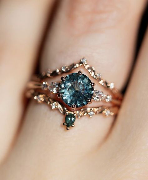 Non Diamond Wedding Rings Stones, Stacked Sapphire Wedding Rings, 3 Stone Engagement Rings With Band Stack, Engagement Stack Rings, Engagement Rings Teal Sapphire, Teal Wedding Rings, Whimsical Rings Engagement, Teal Wedding Ring, Colored Stone Wedding Rings