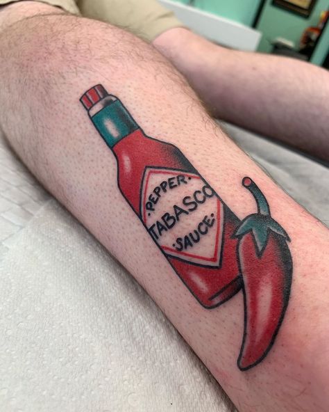 Traditional Pepper Tattoo, Hot Sauce Bottle Tattoo, Tabasco Tattoo, Hot Sauce Tattoo, Chile Pepper Tattoo, Tattoo Checklist, Chili Pepper Tattoo, Chili Tattoo, Pepper Tattoo