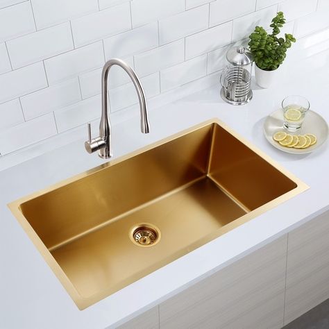 CB HOME 33" Drop-in&Undermount Single Bowl Gold Kitchen Sink,Top mount Stainless Steel Sink - Bed Bath & Beyond - 38263326 Gold Sink, Single Sink Kitchen, Engineered Timber Flooring, Kitchen Sink Stainless Steel, Butler Sink, Back To Wall Bath, Single Bowl Sink, Bowl Kitchen Sink, Double Bowl Sink