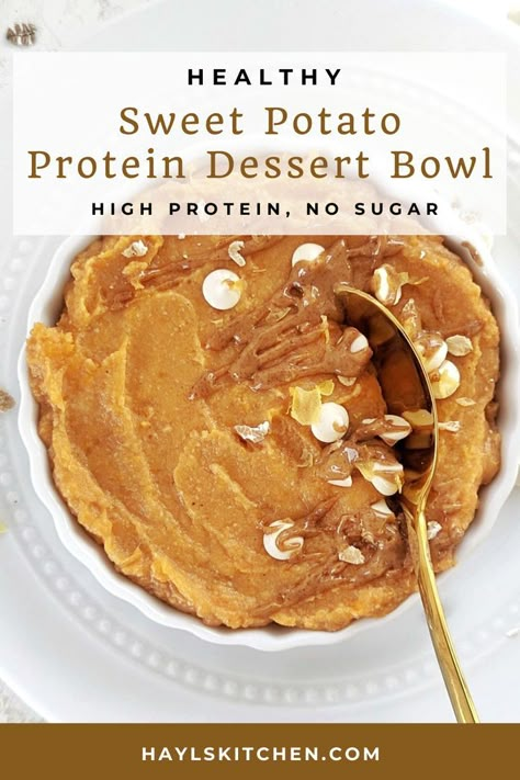 An amazing Sweet Potato Protein Dessert Bowl for a cozy fall treat! This healthy sweet potato dessert is sweetened with protein powder, and has no added sugar. Low fat and gluten free too! Sweet Potato Dessert Healthy, Sweet Potatoes Dessert, Sweet Potato Dessert Recipes, Sweet Potato Dessert, Sweet Potato Pudding, Sweet Potato Recipes Healthy, Sweet Potato Bowls, Sweet Potato Souffle, Protein Dessert