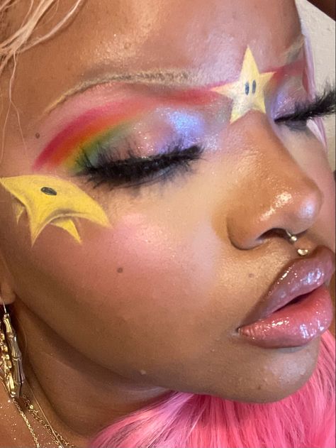 Blue And Pink Eyeshadow, Lisa Frank Makeup, Stars Makeup, Fire Makeup, Funky Makeup, Cute Eye Makeup, Face Paint Makeup, Graphic Makeup, Swag Makeup