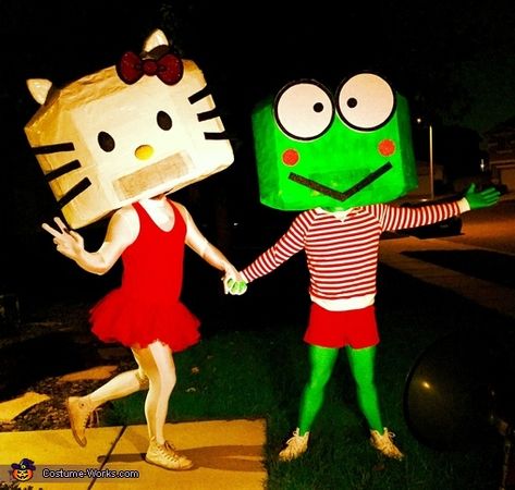 Hello Kitty and Keroppi Homemade Costumes Hello Kitty And Keroppi, Hello Kitty Halloween Costume, Cool Couple Halloween Costumes, Native American Halloween Costume, Original Halloween Costumes, Hello Kitty Costume, Cat Costume Diy, Kitty Costume, Halloween Costumes 2014