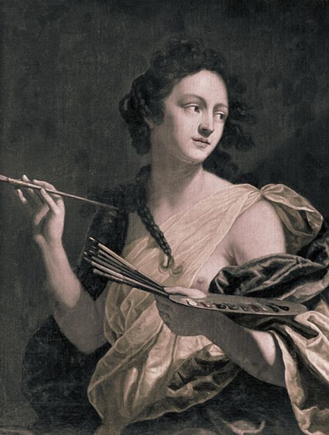 Artemisia Gentileschi (1593-c.1656), oil on canvas {female artist holding palette and paintbrush #arthistory #seventeenthcentury} Artemisia Gentileschi, A Woman, Black And White, White, Black, Art