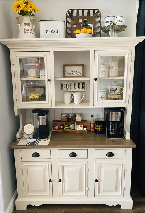 China Cabinet Redo Coffee Bar, Coffee China Cabinet, Coffee Bar China Cabinets, Coffee Buffet Ideas, Coffee Bar From China Cabinet, Coffee Cupboard Ideas, Kitchen Hutch Coffee Bar, Vintage Coffee Station, China Hutch Coffee Bar