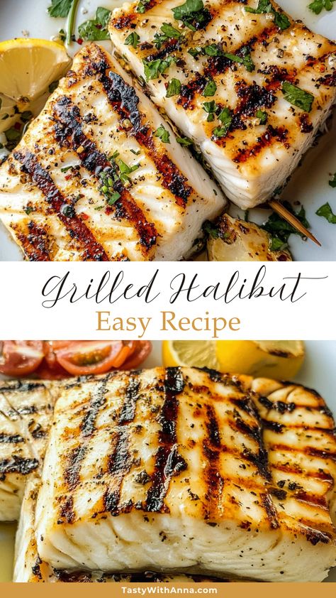 Enjoy a delicious grilled halibut that's perfect for summer gatherings! This light and flavorful dish features tender halibut fillets marinated in a zesty blend of herbs and lemon. It’s a healthy meal option that is sure to impress your guests. Save this pin to bring some sunshine to your dining table at your next BBQ or family dinner! Grilled Hake Fish Recipes, Halibut Recipes Grilled, Halibut Marinade, Bbq Fish Recipes, Grilled Halibut Recipes, Halibut Recipe, Grilled Fish Recipes, Grilled Halibut, Halibut Recipes