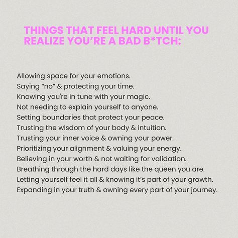 Being a bad b*tch is about trusting your power and protecting your energy—every day. ✨ What did I miss? Drop your thoughts below or share this with another bad b who needs the reminder. 💖👑 #selflove #badbitchquotes #boundaries #ownyourlife #growthmindset #growthjourney #spiritualhealing #intuition #breath #mindsetquotes #trusttheprocess #realtalk #intuition Bad B Energy, Protecting Your Energy, Setting Boundaries, Hard Days, Inner Voice, Trust The Process, Mindset Quotes, Spiritual Healing, My Vibe