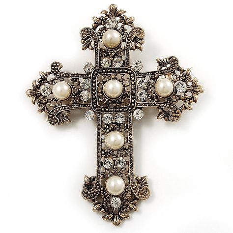 Large Victorian Filigree Imitation Pearl Crystal Cross Brooch (Antique Gold) Symbol Of Christianity, Ornate Cross, Victorian Filigree, Turquoise Jewelry Native American, Swarovski Crystal Jewelry, Crystal Cross, Antique Gold Jewelry, Antique Vintage Jewelry, Gold Jewelry Indian