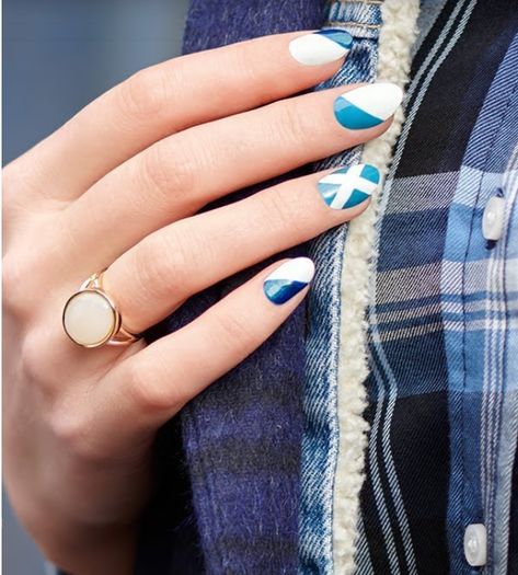 Nails For Scotland, Scotland Inspired Nails, Scottish Nail Designs, Scotland Nails Art, Scotland Nail Design, Scotland Nails, Scottish Nail Art, Scottish Flag Nails, Scottish Nails