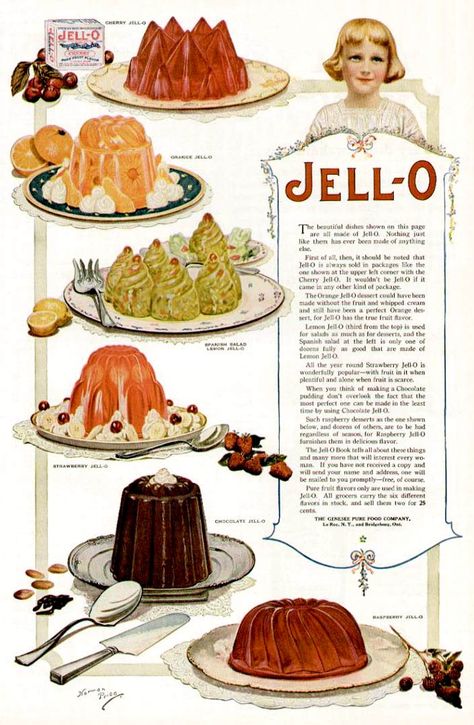 Vintage Food Posters, Vintage Menu, Vintage Dessert, Jello Recipes, Jell O, Food History, Food Ads, Vintage Illustrations, Retro Recipes