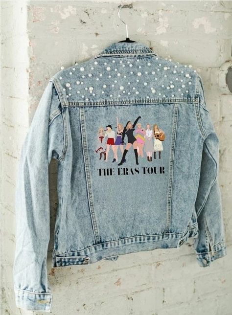 Taylor Swift Inspired Jean Jacket, Eras Tour Jean Jacket Diy, Eras Denim Jacket, Swiftie Jean Jacket, Painted Denim Jacket Taylor Swift, Eras Tour Denim Jacket, Jean Jacket Diy, Painted Clothes Diy, Unique Jackets