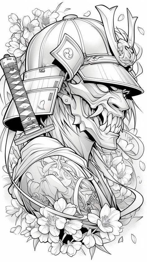 Samurai Tattoo Outline, Drawing Ideas Japanese, Samurai Tattoo Drawing, Japan Art Drawing, Sekiro Tattoo, Shogun Tattoo, Tato Joker, Samurai Drawing, Samurai Tattoo Design