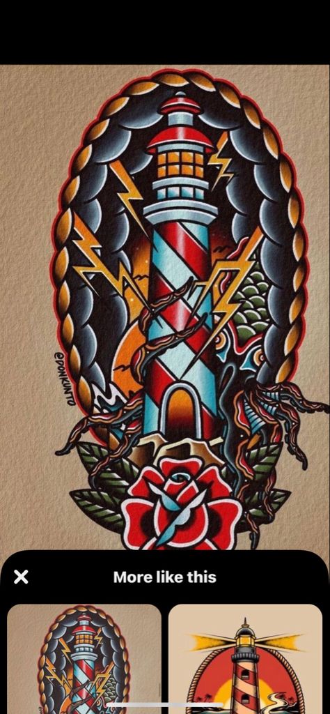 Traditional Lighthouse Tattoo Flash, Neo Traditional Lighthouse, Traditional Lighthouse Tattoo Design, Lighthouse Tattoo Traditional, American Traditional Lighthouse, Maine Tattoos, Light House Tattoo, Tattoo Lighthouse, Traditional Lighthouse Tattoo