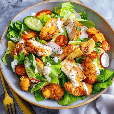 Enjoy a deliciously crispy chicken Caesar salad with homemade dressing, perfect for any meal. Ready in under an hour! Chicken Tender Salad, Salad With Homemade Dressing, Chicken Caesar Salad Recipe, Crispy Chicken Tenders, Food Pic, Caesar Salad Recipe, Chicken Caesar Salad, Chicken Caesar, Romaine Lettuce Salad