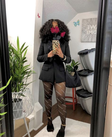 Edgy Professional Outfits All Black, Mesh Tights Outfit Black Women, Skirt And Cardigan Outfit Black Women, Cardigan Outfit Black Women Skirt, Museum Outfit Black Women, Black Tights Outfit Black People, Socks And Heels Street Style, Comedy Show Outfit Night Black Women, Short Dress With Tights