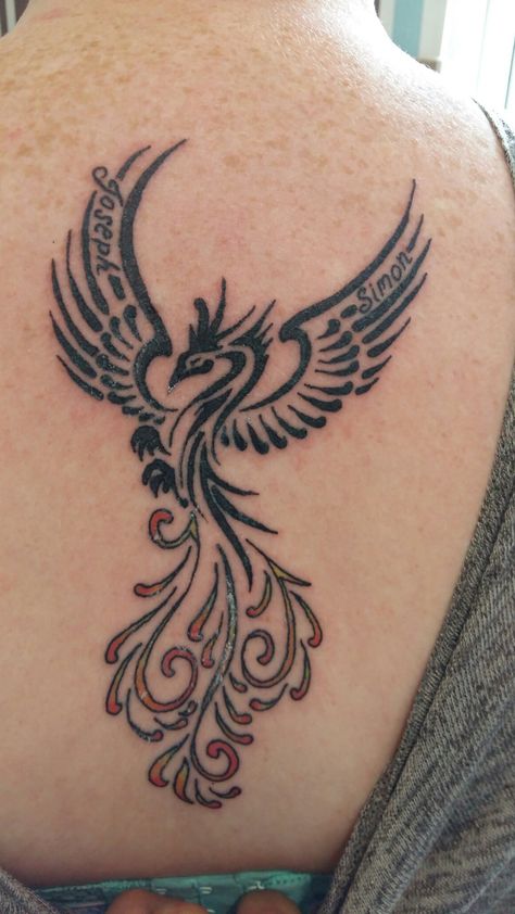 My Pheonix Tattoo. Finally picked the design and had my boys name's added to the wings.  Love it so much Tattoo With Names, Phoenix Tattoo, Name Tattoos, My Boys, The Wings, Tiny Tattoos, New Tattoos, Body Art Tattoos, Polynesian Tattoo