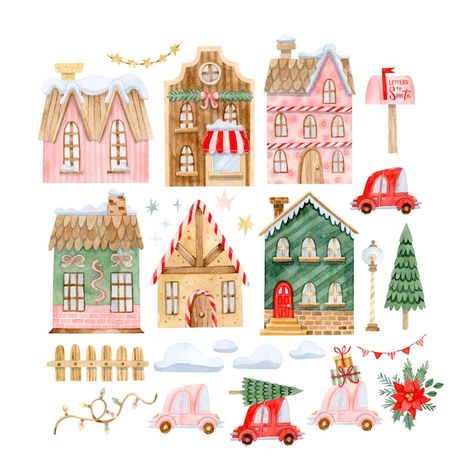 Vector christmas village constructor wit... | Premium Vector #Freepik #vector #car #house #snow #red Christmas Village Doodle, Christmas House Painting Ideas, Christmas Houses Drawings, Christmas House Clipart, Christmas Village Clipart, Christmas Village Watercolor, Christmas House Art, Painting Christmas Village Houses, Painted Christmas Houses