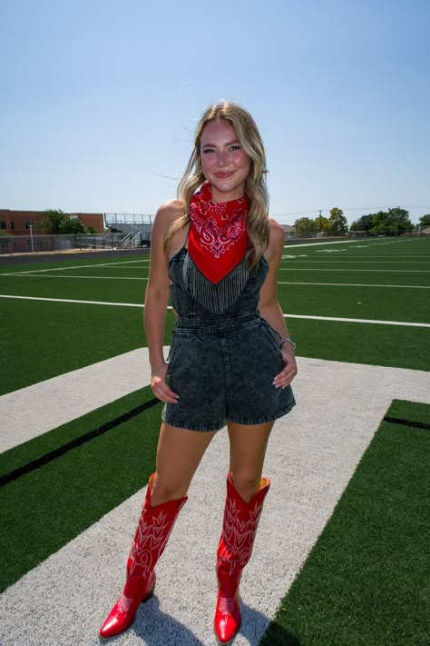 Elevate your accessory game with our Go! Fight! Win! Chain Fringe Bandana. This unique piece is the elevated version of a classic bandana. The vibrant red color and delicate chain fringe create a captivating look that's perfect for adding a stylish twist to your outfit. This bandana can be worn around your neck, head, and waist! - 100% cotton - one size fits most Country Outfit Bandana, Bandana Country Outfit, Cowgirl Bandana Outfit, Western Bandana Outfit, Red Cowboy Outfit, Bandana Around Neck Outfit, Neck Bandana Outfit, Red Bandana Outfit, Bandana Around Neck