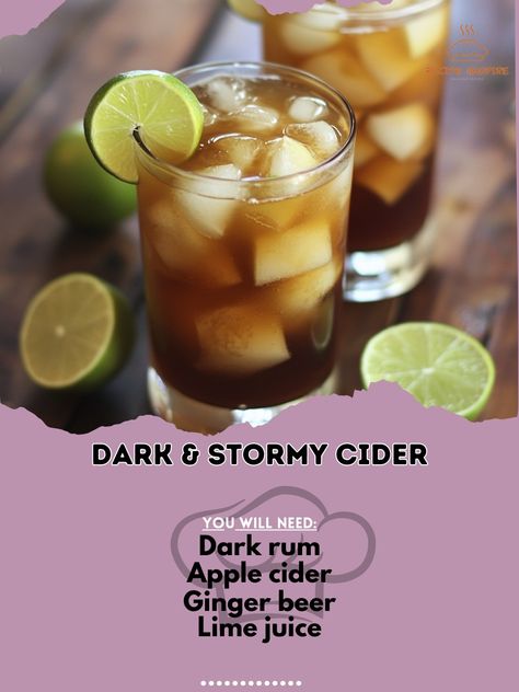 🌩️🍎 Dark & Stormy Cider – A bold twist on the classic Dark & Stormy, with a crisp apple cider kick. Ideal for fall evenings! 🍂🌧️ #DarkAndStormy #FallCocktails Dark & Stormy Cider Ingredients: Dark rum (2 oz) Apple cider (4 oz) Ginger beer (2 oz) Lime juice (1/2 oz) Ice (as needed) Instructions: Fill a glass with ice. Pour apple cider and lime juice over the ice. Top with ginger beer. Float dark rum on top. 🌩️🍎 Enjoy the spicy kick of the Dark & Stormy Cider. It’s a refreshing and bold dri... Apple Cider Dark And Stormy, Dark & Stormy, Fall Nights, Beer Float, Crisp Apple, Dark N Stormy, Fall Cocktails, Dark Rum, Fall Drinks