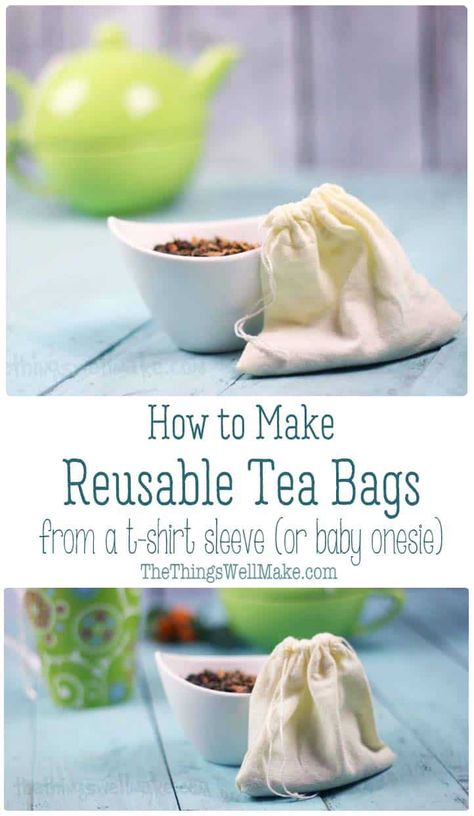 Easy, 5-minute DIY reusable teabags for loose leaf teas! Quickly made from repurposed sleeves, it's the perfect use for old baby onesies and small shirts. #thethingswellmake #tea #easysewing #seweasy #teabags #homemadeteabags #healthytea Reusable Tea Bags, Loose Leaf Teas, Homemade Tea, Green Things, Eco Friendly Baby, Healthy Teas, Reuse Recycle, Loose Tea, Tea Bags