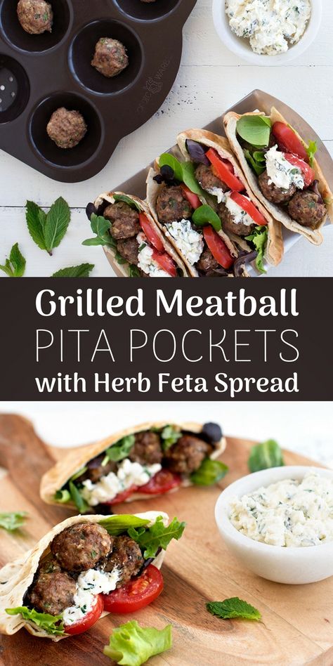 Turkey Meatball Pita, Meatball Pita Pockets, Greek Pita Pockets, Lamb Pita Pockets, Meatball Pita, Lamb Pita, Pocket Sandwiches, Feta Spread, Pita Pocket Recipes