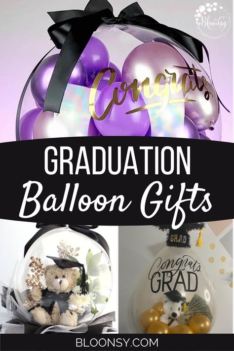 graduation balloon gifts Graduation Stuffed Balloons, Stuffed Balloon Ideas, Balloon Stuffing Machine, Graduation Teddy Bear, Graduation Money Gifts, Cash Gifts, Black And Gold Theme, Balloon House, Balloon Designs