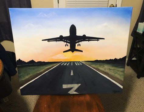 Acrylic painting done by myself for an airport employee. Aviation Painting Canvas, Painting Ideas On Canvas Airplane, Acrylic Painting Airplane, Plane Painting Easy, Airplane Painting Easy, Airplane Window Painting, Travel Painting Ideas, Airport Painting, Traveling Painting