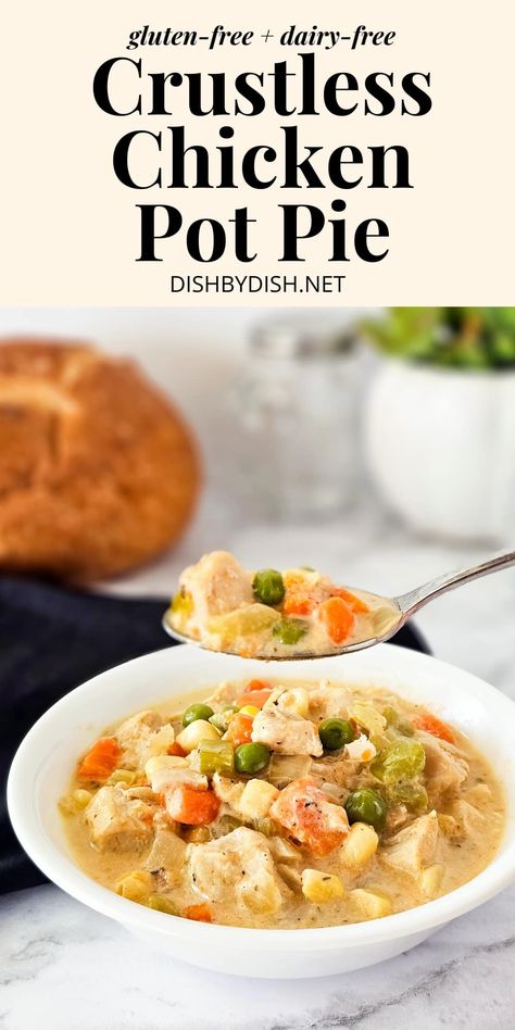 If you love chicken pie but don't care about the crust, this delicious and hearty crustless chicken pot pie is for you! Totally gluten-free, dairy-free and low-carb too! Gluten Free Pot Pie, Crustless Chicken Pot Pie, Dairy Free Chicken Pot Pie, Healthy Kidney Diet, Chicken Pot Pie Filling, Dairy Free Recipes Dinner, Family Dinner Night, Homemade Chicken Pot Pie, Scd Recipes