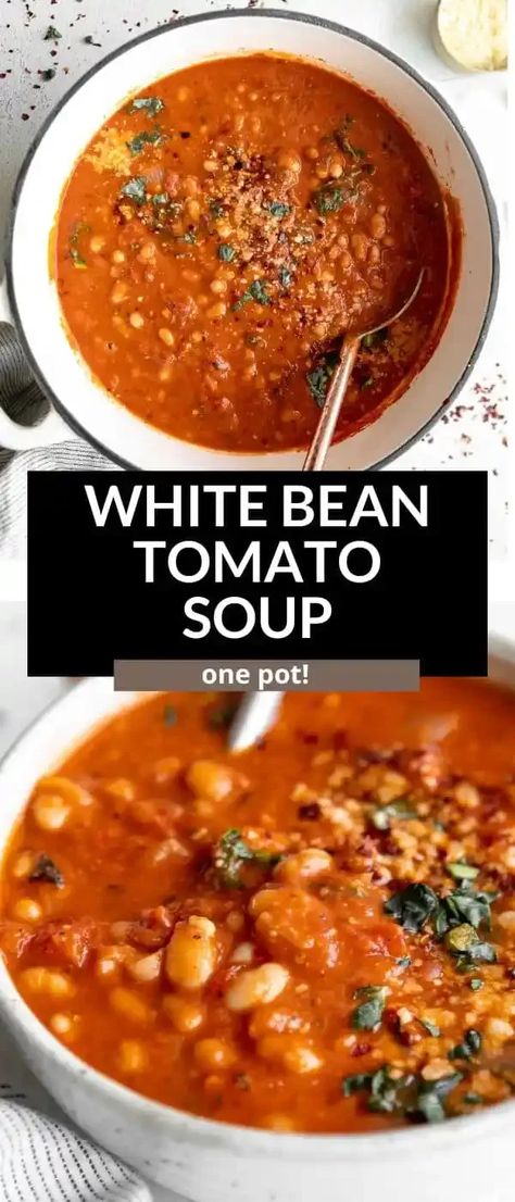 This vegan white bean tomato soup is creamy, easy to make and made in one pot. This high protein soup is vegetarian, full of flavor, veggies and perfect for a cozy plant based dinner. This vegan tomato soup is easy to make and full of flavor. Bean Tomato Soup, White Bean Tomato, Vegan Tomato Soup, Plant Based Soups, Quick Vegan, White Bean Soup, Vegetarian Soup, White Bean, Easy Soups