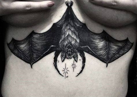 Upside Down Bat Tattoo, Bat Tattoo Gothic, Scary Tattoo Ideas, Underboob Tattoo Designs, Goth Tattoo, Underboob Tattoo, Bat Tattoo, Scary Tattoos, Chest Piece Tattoos