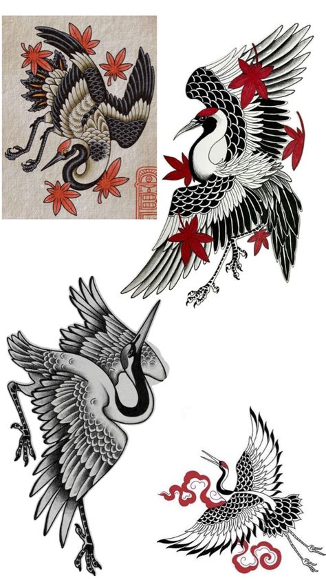 Crane And Fan Tattoo, Crane Japanese Tattoo, Japanese Crane Drawing, Traditional Crane Tattoo, Traditional Bird Tattoo, Heron Tattoo, Tattoo Pierna, Crane Tattoo, Moccasin Pattern