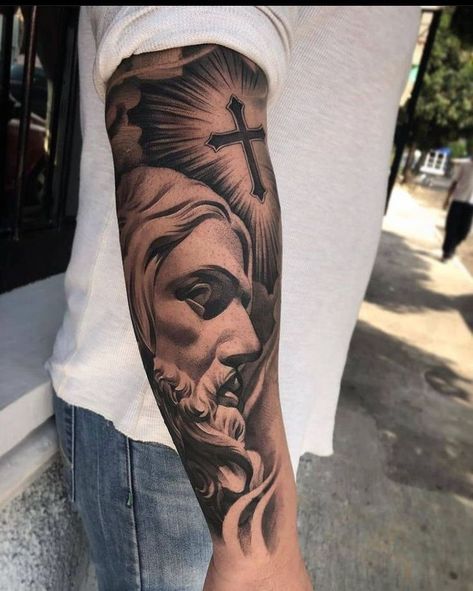 Jesus Tattoo Sleeve, Mother Mary Tattoos, Aztec Tattoos Sleeve, Beautiful Tattoo Designs, Christ Tattoo, Rose Tattoos For Women, Armband Tattoo Design, Men Tattoos Arm Sleeve, Forearm Sleeve Tattoos