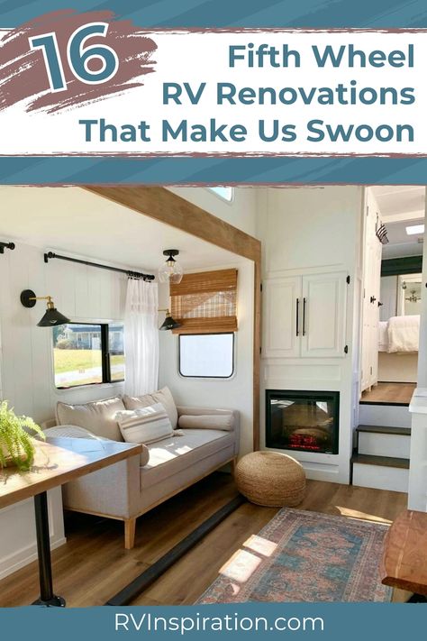 It’s hard to beat a fifth wheel when searching for a spacious traveling home. Yet, many fifth wheels’ “fresh out of the factory” aesthetic can leave something to be desired. With that in mind, I had a ton of fun discovering these fifth wheel renovations that are both practical and aesthetically pleasing on our renovated RVs for sale marketplace. Here are the fifth wheel remodels that make us swoon! #fifthwheel #rvinspiration Rv Newbies, Rv Models, Outdoor Sound System, Rv Inspiration, Custom Bunk Beds, Gorgeous Fireplaces, Renovation Tips, Faux Wood Beams, Rv Renovations