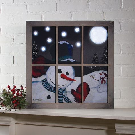 Lighted Window Frame Snowman Canvas Peeking Snowman, Painted Window Panes, Window Quilts, Painted Window Art, Light Up Canvas, Lighted Canvas Art, Christmas Window Painting, Window Crafts, Holiday Canvas