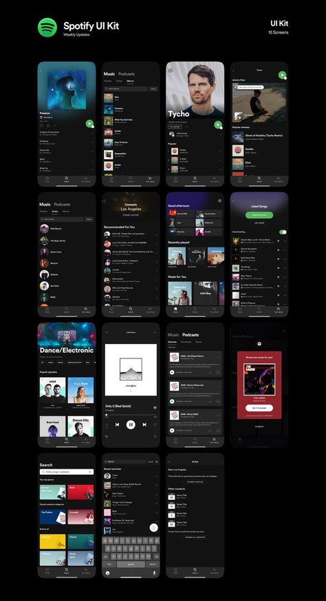 Spotify UI Kit The most accurate and up-to-date Spotify UI kit. Music Ux Design, Spotify Redesign, Music App Ui Design, Spotify Layout, Style Guide Ui, Flashcard App, Ui Kit Design, Spotify Design, Music App Design