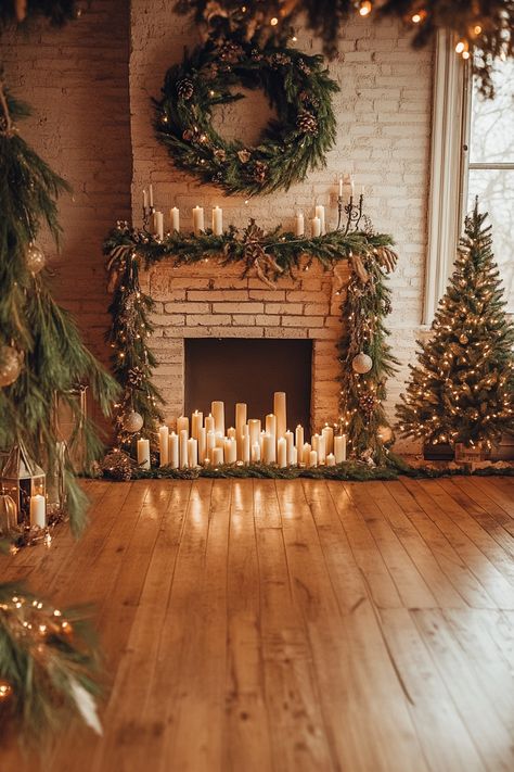 Create a warm and inviting atmosphere for the holidays with stunning winter home decor. This beautifully decorated fireplace with candles, greenery, and wreath highlights the essence of cozy winter nights. Perfect for enhancing your holiday spirit. #WinterHomeDecor #HolidayDecor #CozyNights Inside Fireplace Decor Christmas, Fireplaces With Candles Inside, Fireplace Winter, Fireplace Filled With Candles, Candle In Fireplace, Wedding Decor Fireplace, Winter Candle Aesthetic, Christmas Mantle Decor Fireplaces Rustic, Scandinavian Winter Decor