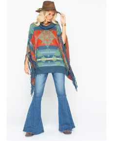 Tasha Polizzi Womens Stagecoach Poncho, Blue Hippie Poncho With Tassels, Vintage Concho Necklace For Festival, Bohemian Blue Concho Necklace, Bohemian Long Sleeve Embroidered Poncho, Tasha Polizzi Tunic Dress, Womens Western Tops, Tasha Polizzi, Aztec Sweater, Short Sleeve Kimono