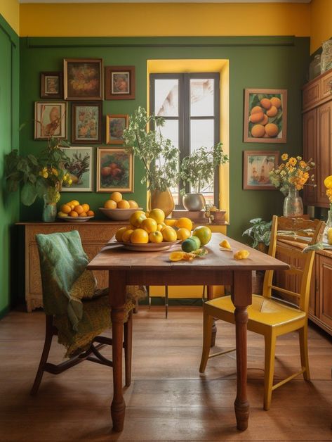 Yellow Dining Room, Eclectic Dining Room, Green Dining Room, Wooden Dining Room Chairs, Interior Design Minimalist, Brown Rooms, Maximalist Interior, Purple Kitchen, Yellow Room