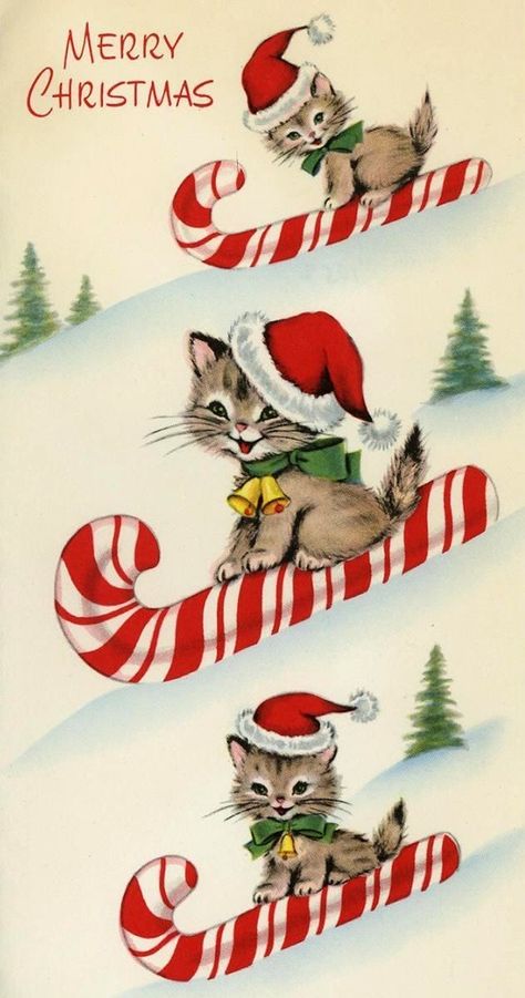 Vintage Holiday Cards, Christmas Kitten, Vintage Christmas Images, Disney Vintage, Christmas Memories, Old Christmas, Old Fashioned Christmas, Christmas Scenes, Noel Christmas