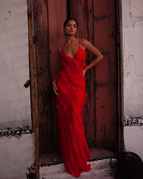 Cecelia Dress - Red maxi dress with frill detail Summer Dresses Night, Cecelia Dress, Spanish Style Dress, Atelier Dress, Spanish Dress, Prom Dress Inspo, Rat And Boa, Red Maxi Dress, Bridesmaid Inspiration