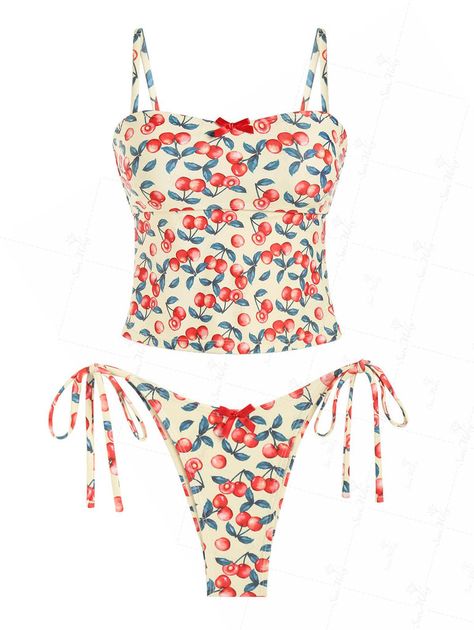 Seamolly Fruit Cherry Print Bow Decor Cinched Back Tie Side Tankini Set Strawberry Bathing Suit, Trendy Tankini, Cute Tankinis, Bright Swimsuit, Swimsuit Inspo, Floral Swimwear, Neon Bikinis, Baddie Style, Tankini Swimsuits For Women