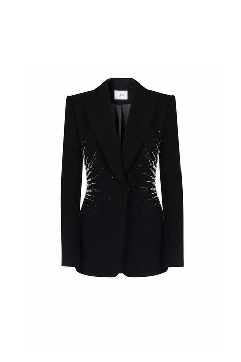 Crafted with premium crepe fabric, this blazer boasts a flattering A-line silhouette and a sophisticated V-neckline. Pair it with any outfit for an effortlessly chic look that exudes luxury and elegance. Designer Blazer For Women, Pearl Blazer, Embellished Blazer, Prom Blazers, Knitwear Outfit, Happy Clothes, Crepe Blazer, Mean Blvd, Peak Lapel