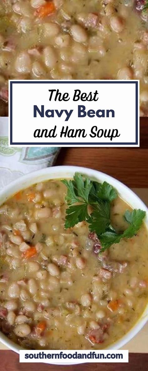 Experience the ultimate comfort with this Navy Bean Soup! Crafted with canned navy beans, savory ham hocks, vibrant carrots, crisp celery, and seasoned with dried rosemary and thyme, this soup is elevated with a hint of bacon for an extra layer of flavor. Canned Navy Bean Soup, Ham Soup Crockpot, Navy Bean Soup With Ham, Navy Bean And Ham Soup, Navy Beans And Ham, Navy Bean Recipes, Ham Hock Soup, Bean And Ham Soup, Ham Hock Recipes